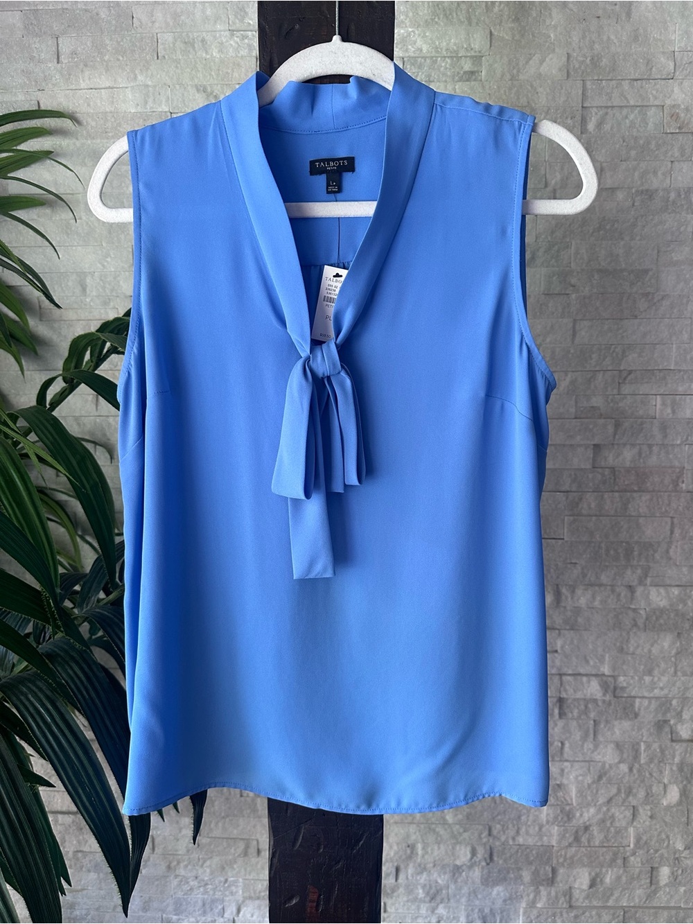 Talbots Periwinkle Blue Tie-Neck Sleeveless Blouse Size L Petite New with Tags